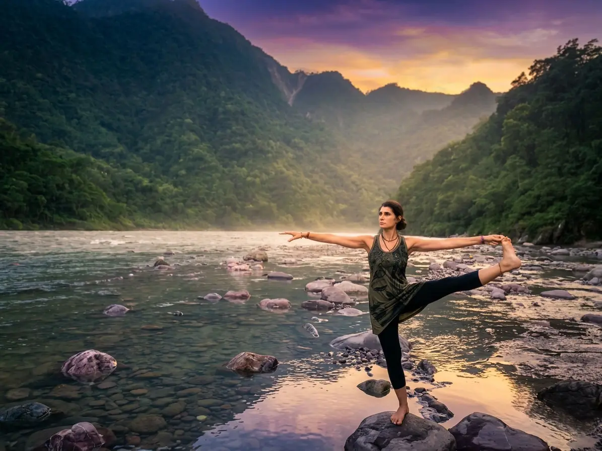 Irène Fresu, professeure de yoga à Lausanne, en posture au bord d'une rivière en Inde